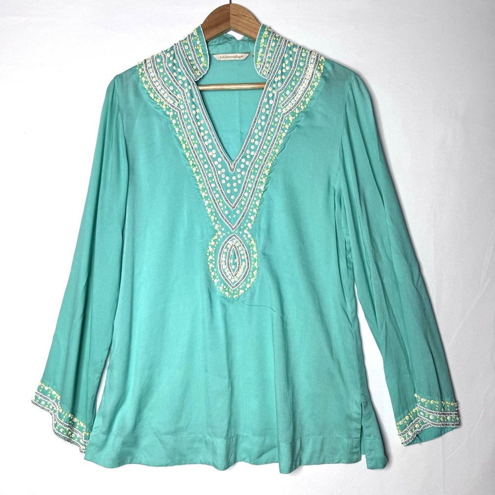 Soft Surroundings Beaded Tunic Top M Light Green Boho Feminine Unique READ